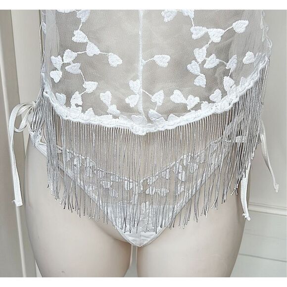 Dreamgirl Embroidered Heart Fringed Babydoll & G-String Panty Set White One Size - Picture 3 of 5